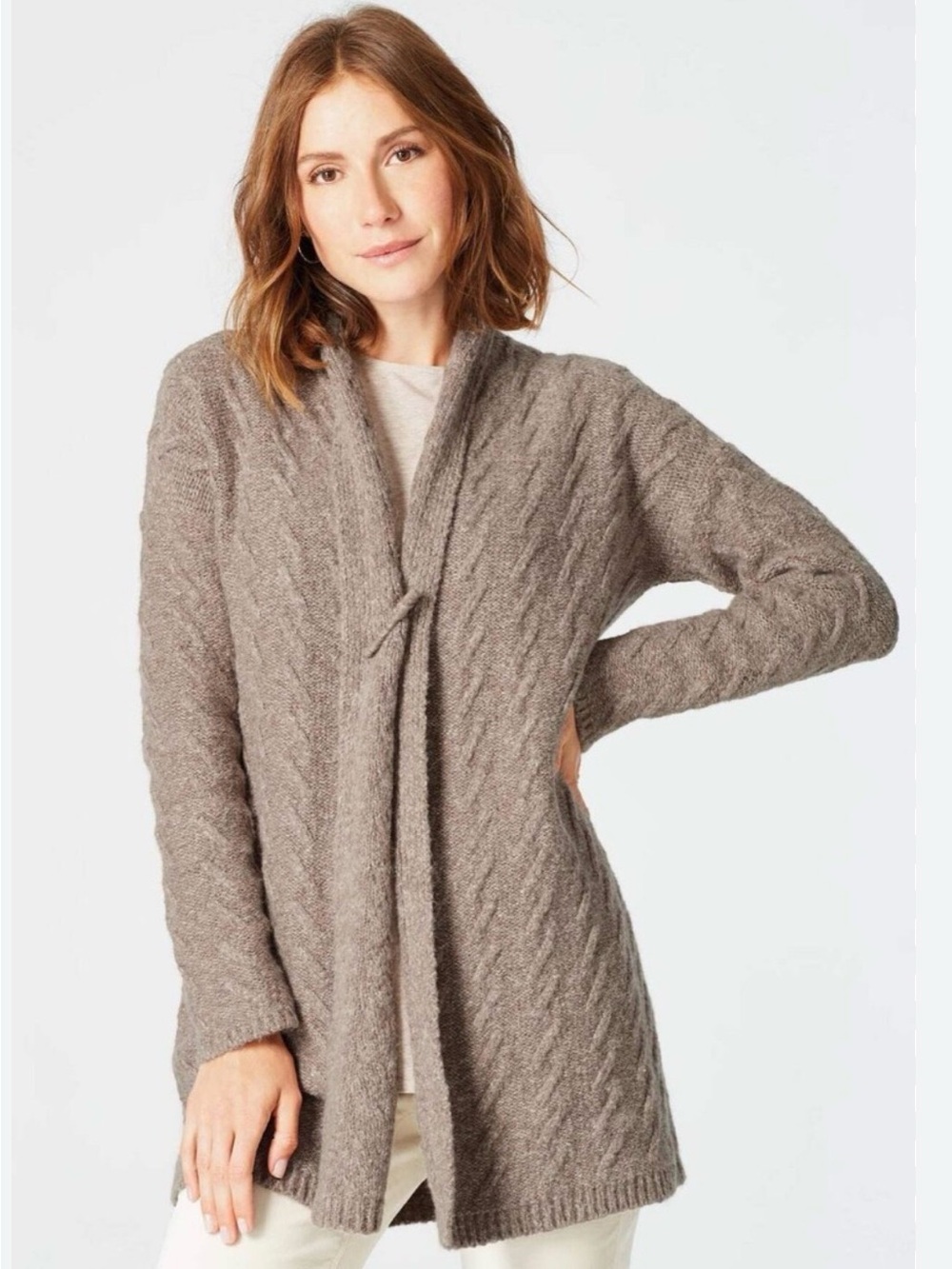 Cozy Mocha Cable-Knit Open Cardigan Sweater by JJill NWT